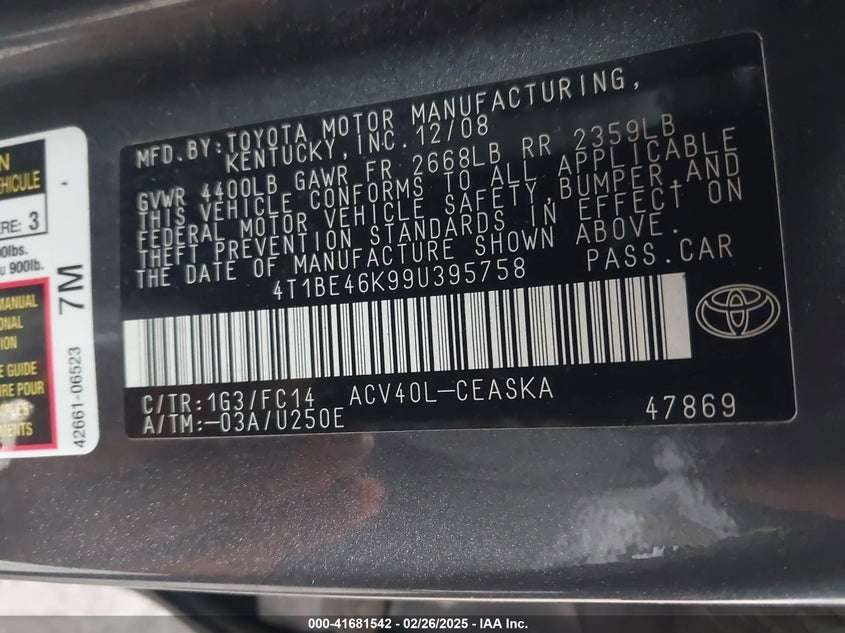 2009 TOYOTA CAMRY VIN: 4T1BE46K99U395758