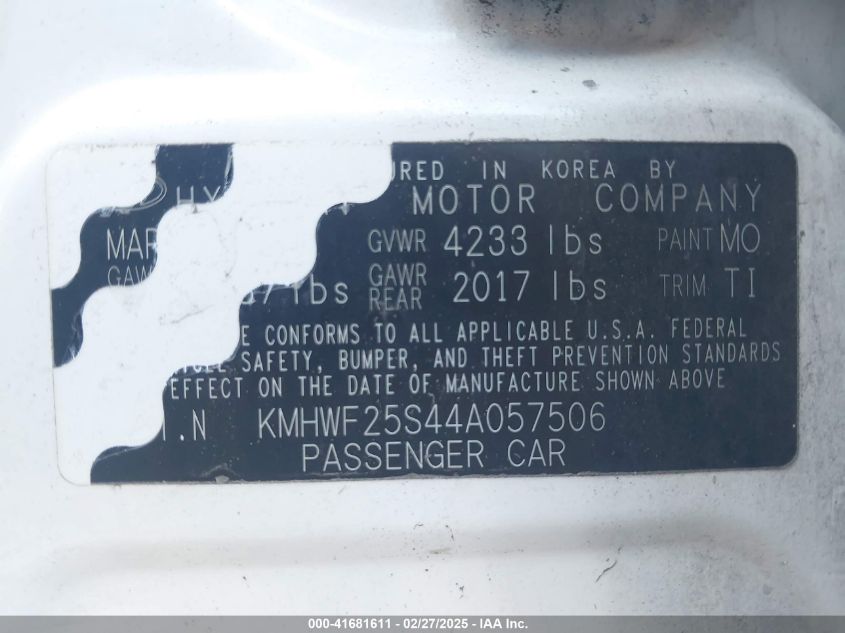 2004 Hyundai Sonata VIN: KMHWF25S44A057506 Lot: 41681611