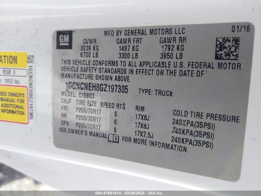 2016 CHEVROLET SILVERADO 1500 VIN: 1GCNCNEH8GZ197305