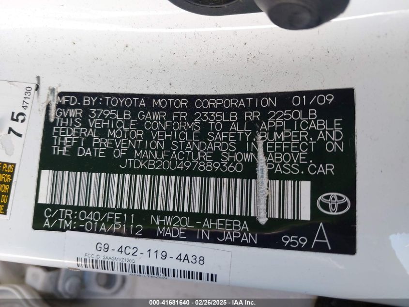 2009 Toyota Prius Standard VIN: JTDKB20U497889360 Lot: 41681640