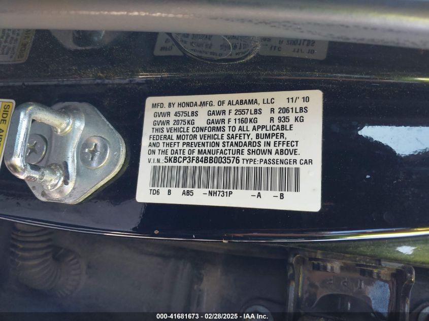 2011 Honda Accord 3.5 Ex-L VIN: 5KBCP3F84BB003576 Lot: 41681673