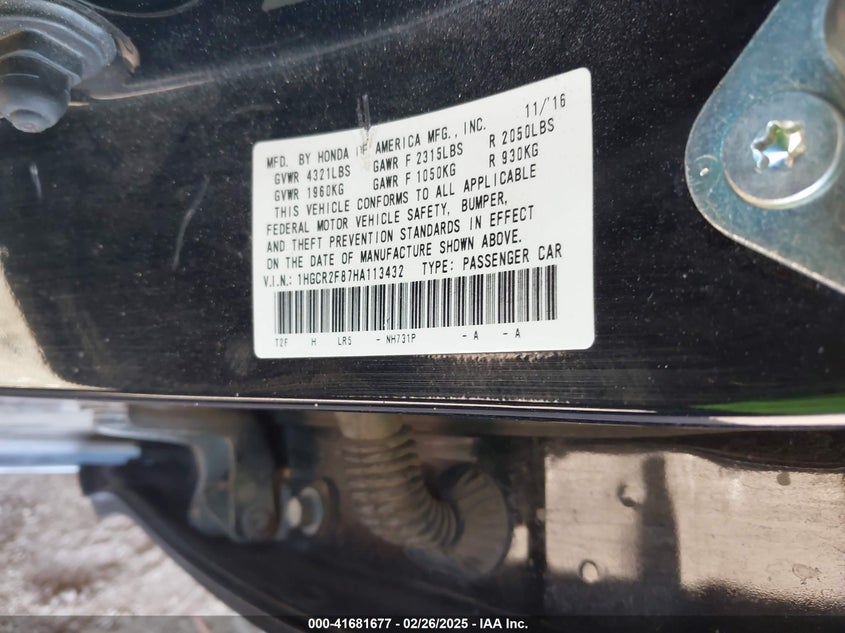2017 HONDA ACCORD VIN: 1HGCR2F87HA113432