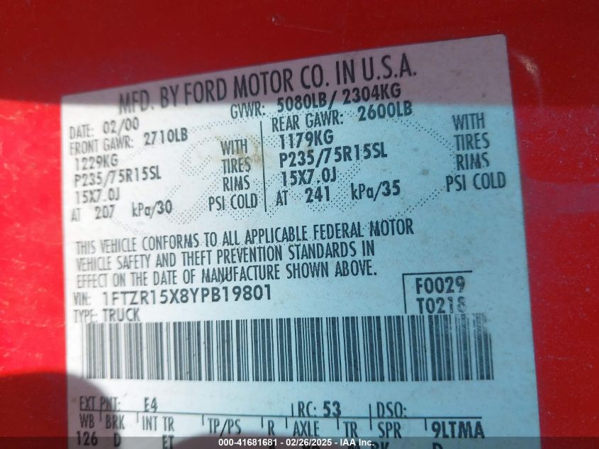 2000 Ford Ranger Xlt VIN: 1FTZR15X8YPB19801 Lot: 41681681