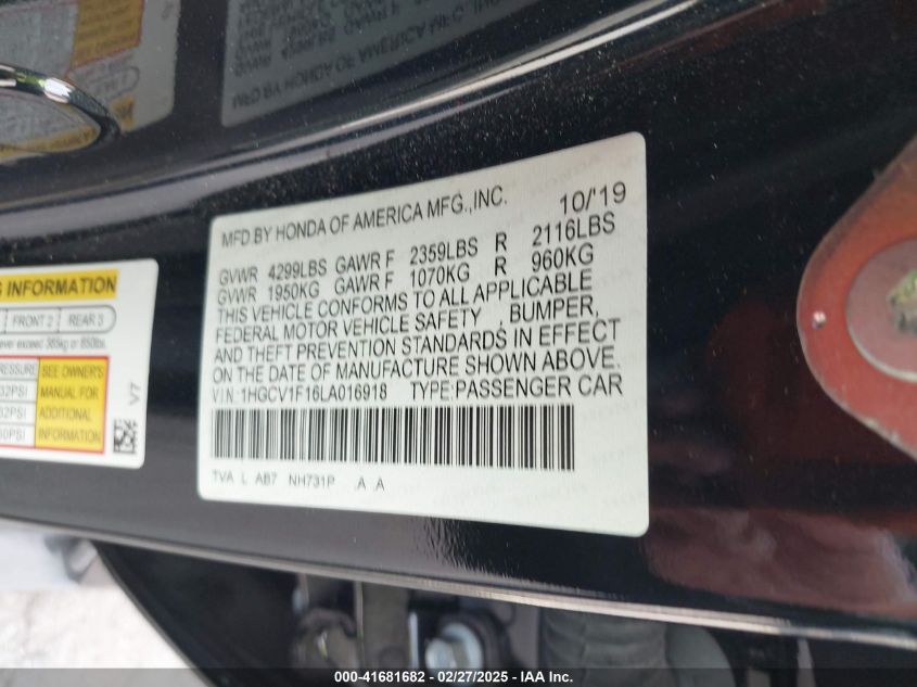 2020 Honda Accord Lx VIN: 1HGCV1F16LA016918 Lot: 41681682