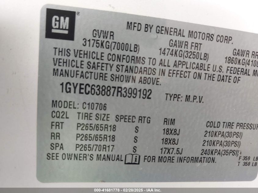 2007 Cadillac Escalade Standard VIN: 1GYEC63887R399192 Lot: 41681778