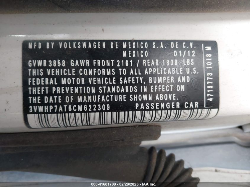 2012 Volkswagen Beetle 2.5L VIN: 3VWHP7AT6CM622309 Lot: 41681789