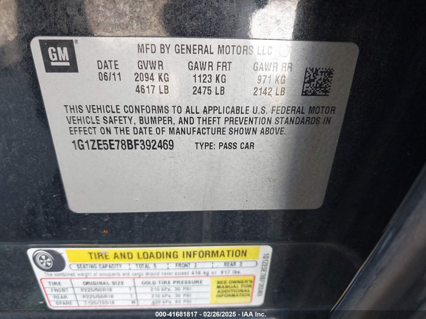 2011 CHEVROLET MALIBU VIN: 1G1ZE5E78BF392469