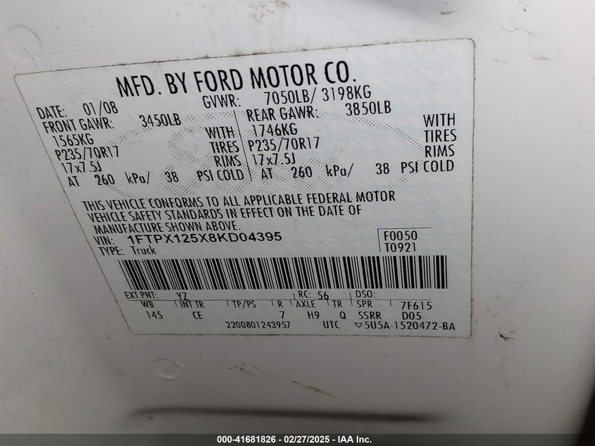 2008 FORD F-150 VIN: 1FTPX125X8KD04395