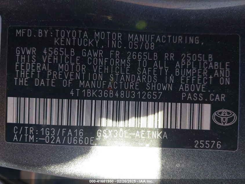 2008 Toyota Avalon Xl VIN: 4T1BK36B48U312657 Lot: 41681950