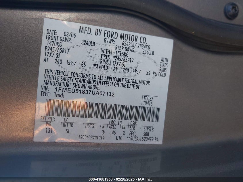 2007 FORD EXPLORER SPORT TRAC VIN: 1FMEU51837UA07132