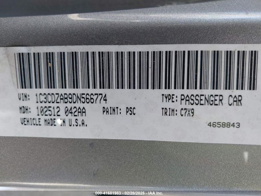 2013 Dodge Avenger Se VIN: 1C3CDZAB9DN566774 Lot: 41681983