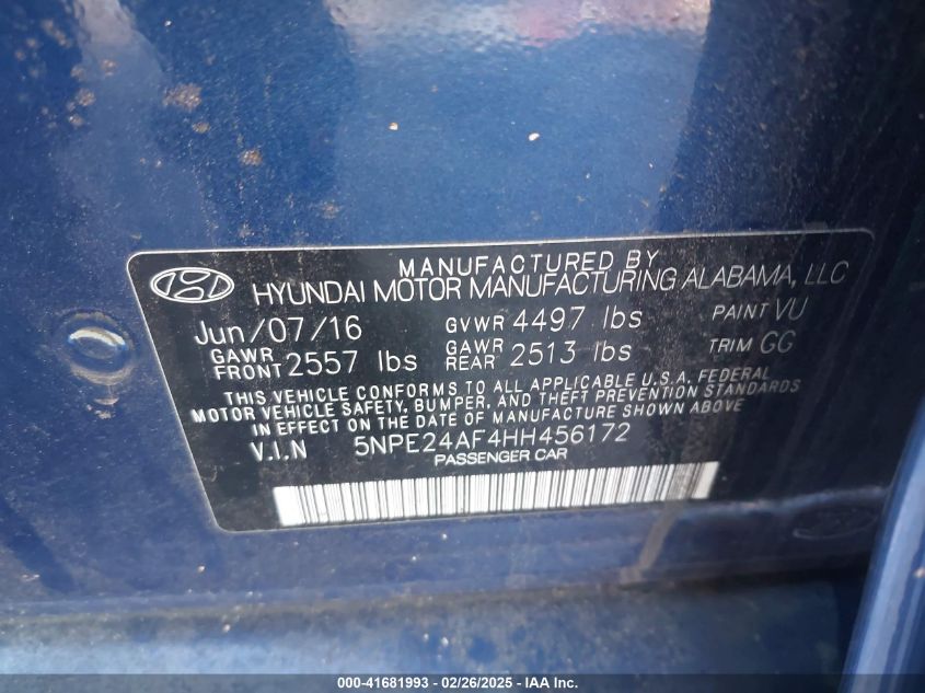 2017 Hyundai Sonata VIN: 5NPE24AF4HH456172 Lot: 41681993
