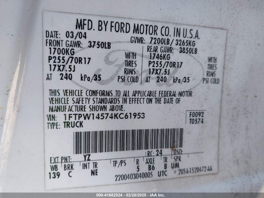 2004 Ford F-150 Fx4/Lariat/Xlt VIN: 1FTPW14574KC61953 Lot: 41682024