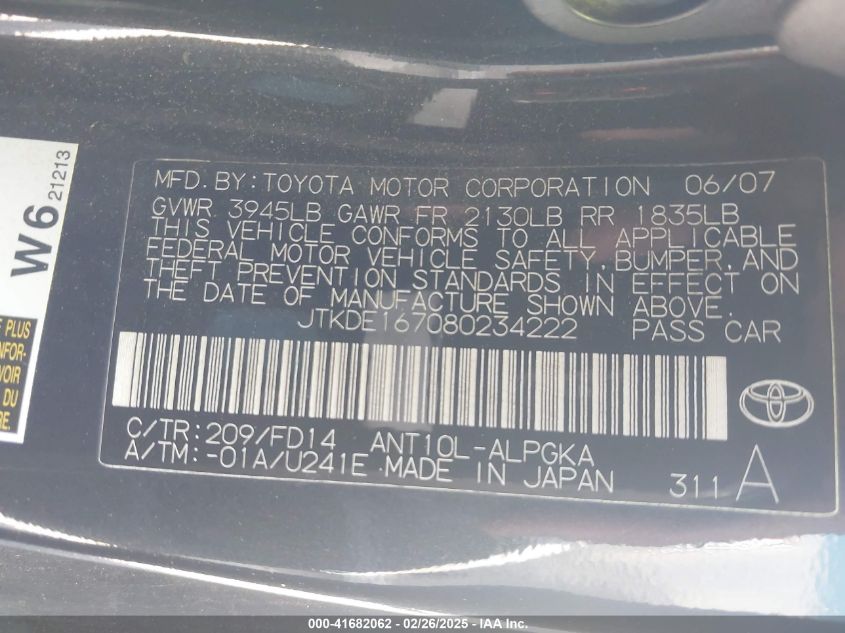 2008 Scion Tc VIN: JTKDE167080234222 Lot: 41682062