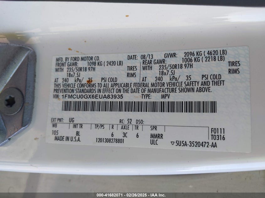 2014 FORD ESCAPE VIN: 1FMCU0GX6EUA83935