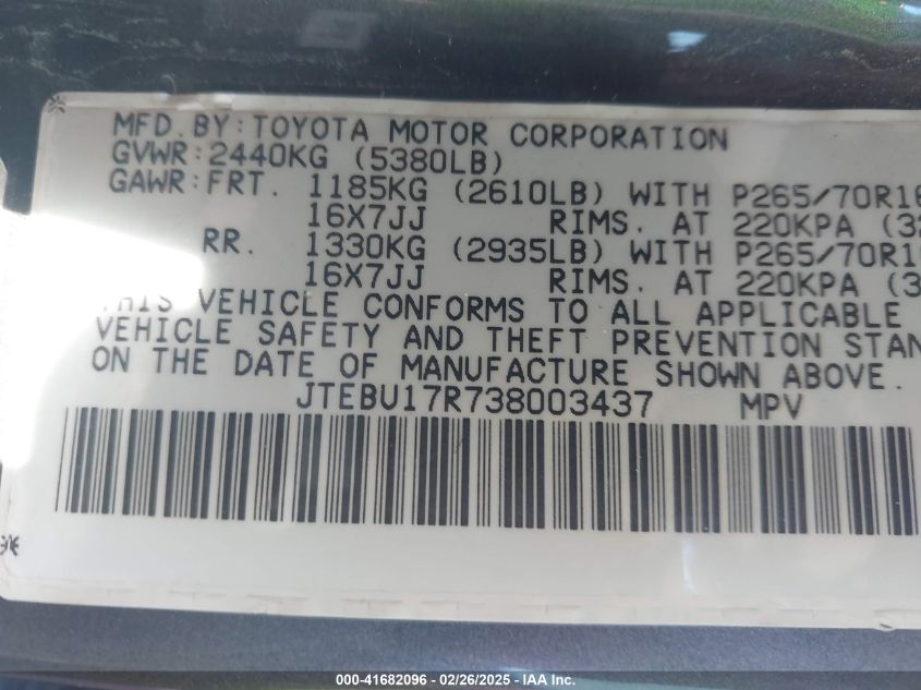2003 Toyota 4Runner Limited V6 VIN: JTEBU17R738003437 Lot: 41682096