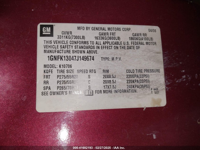 2007 Chevrolet Tahoe Ltz VIN: 1GNFK13047J149674 Lot: 41682193