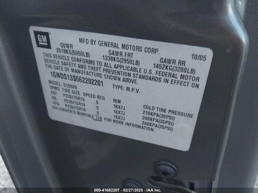 2006 Chevrolet Trailblazer Ls VIN: 1GNDS13S662202201 Lot: 41682207