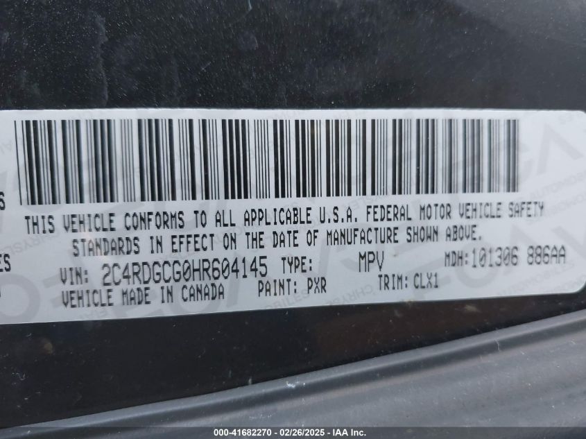 2017 Dodge Grand Caravan Sxt VIN: 2C4RDGCG0HR604145 Lot: 41682270