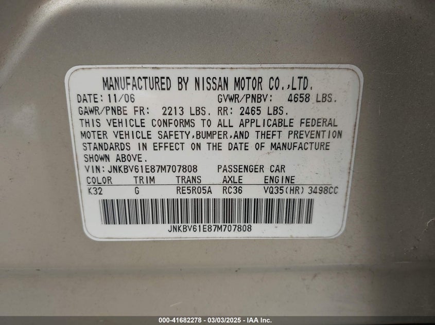 2007 INFINITI G35 VIN: JNKBV61E87M707808