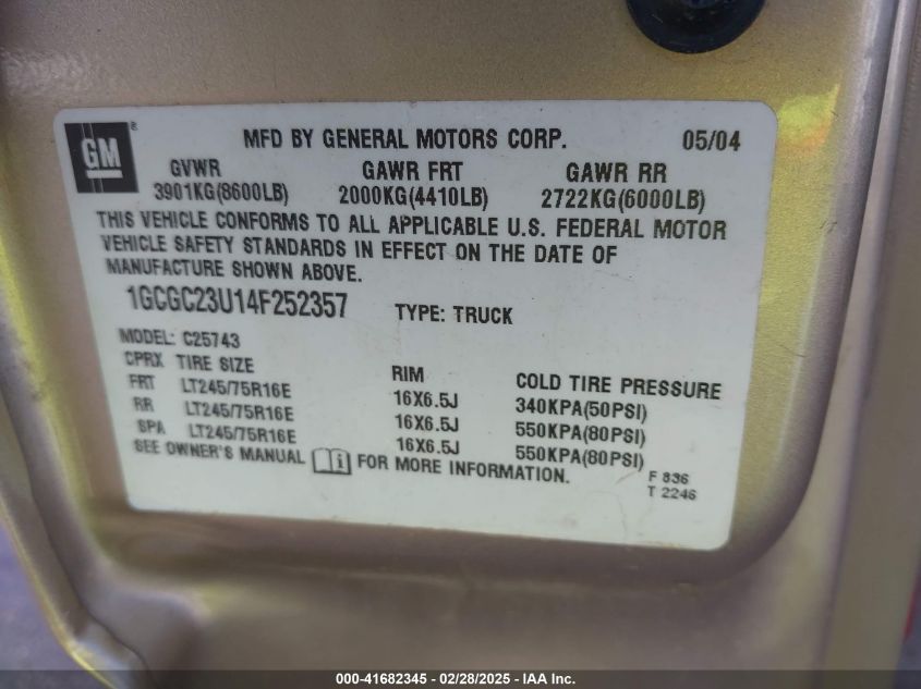 2004 Chevrolet Silverado 2500 Ls VIN: 1GCGC23U14F252357 Lot: 41682345