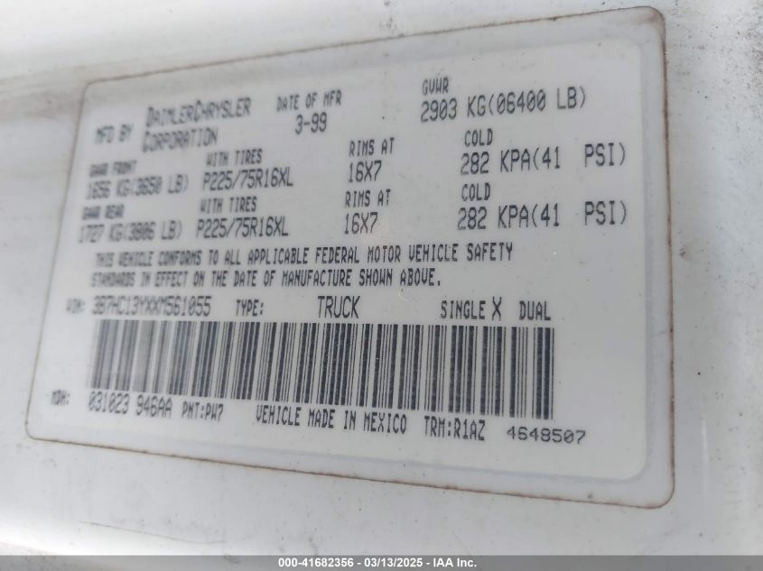 1999 Dodge Ram 1500 St VIN: 3B7HC13YXXM561055 Lot: 41682356