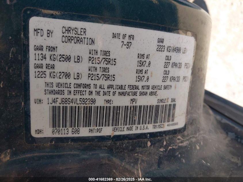 1997 Jeep Cherokee Sport VIN: 1J4FJ68S4VL592390 Lot: 41682369