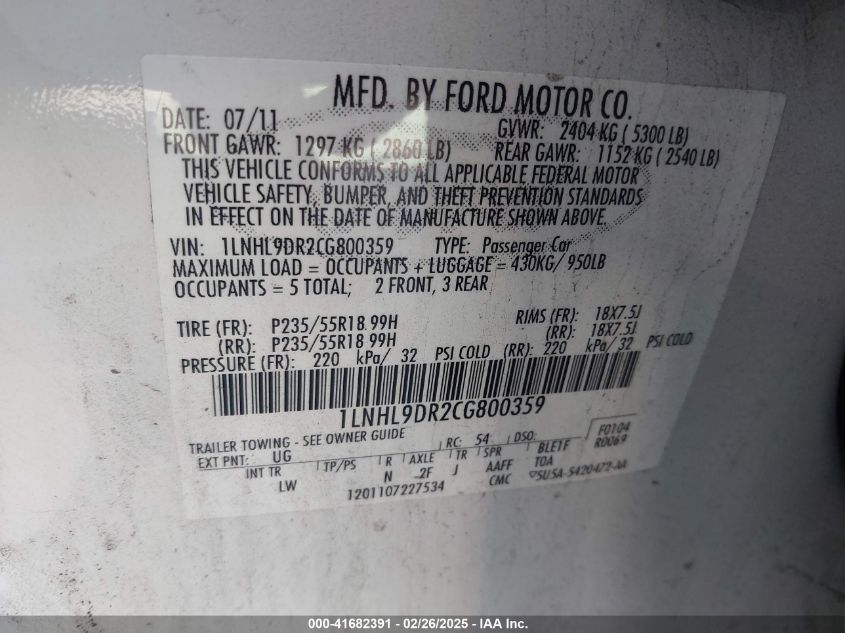 2012 Lincoln Mks VIN: 1LNHL9DR2CG800359 Lot: 41682391