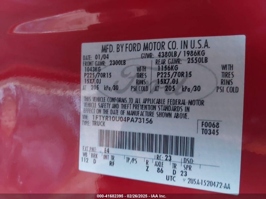 2004 Ford Ranger Edge/Xl/Xlt VIN: 1FTYR10U04PA73156 Lot: 41682395