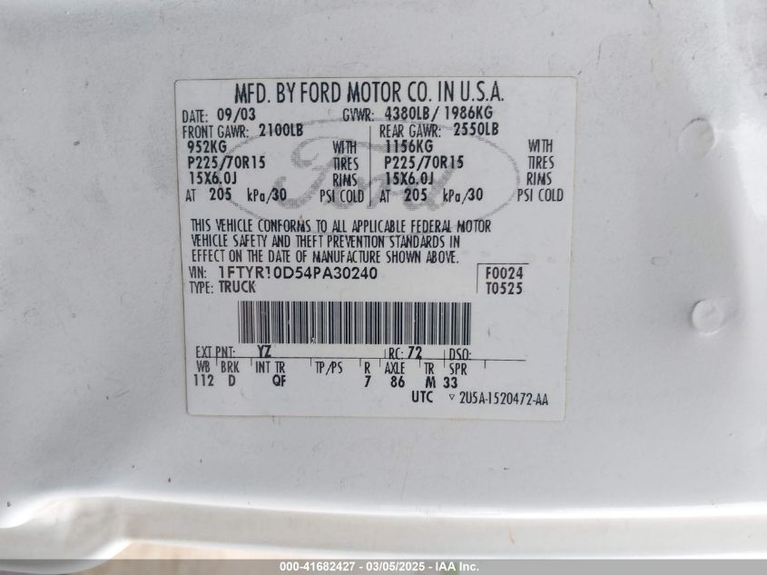 2004 Ford Ranger VIN: IFTYRI0D54PA30240 Lot: 41682427