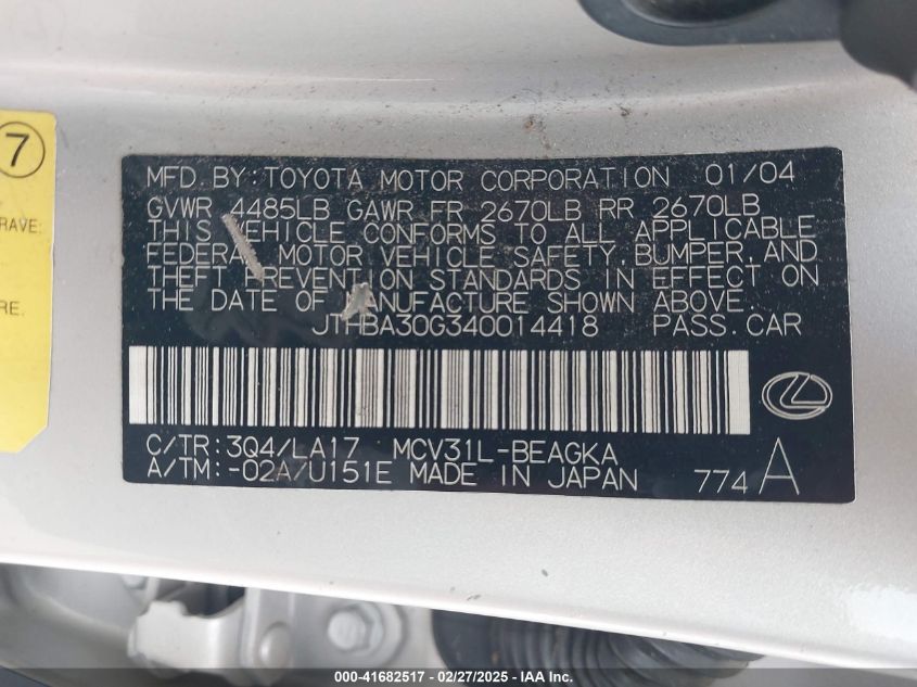 2004 Lexus Es 330 VIN: JTHBA30G340014418 Lot: 41682517