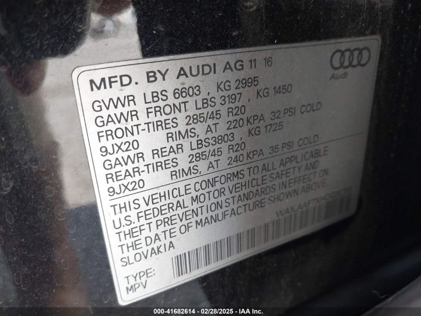 2017 Audi Q7 3.0T Premium VIN: WA1LAAF7XHD038760 Lot: 41682614