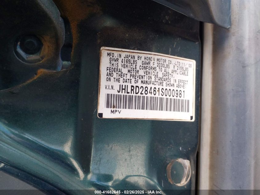 2001 Honda Cr-V Lx VIN: JHLRD28461S000981 Lot: 41682645