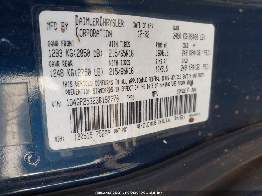 2003 Dodge Caravan Se VIN: 1D4GP25323B192770 Lot: 41682650