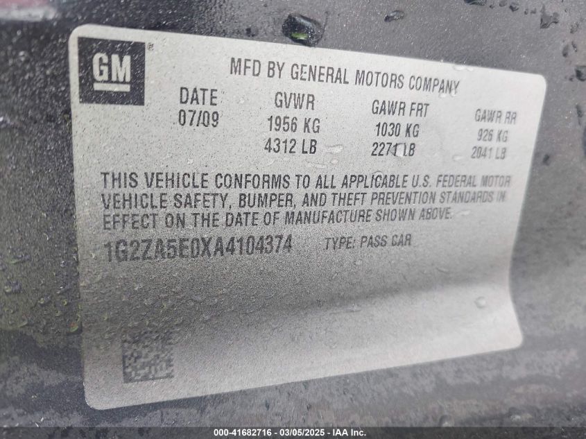 2010 Pontiac G6 VIN: 1G2ZA5E0XA4104374 Lot: 41682716