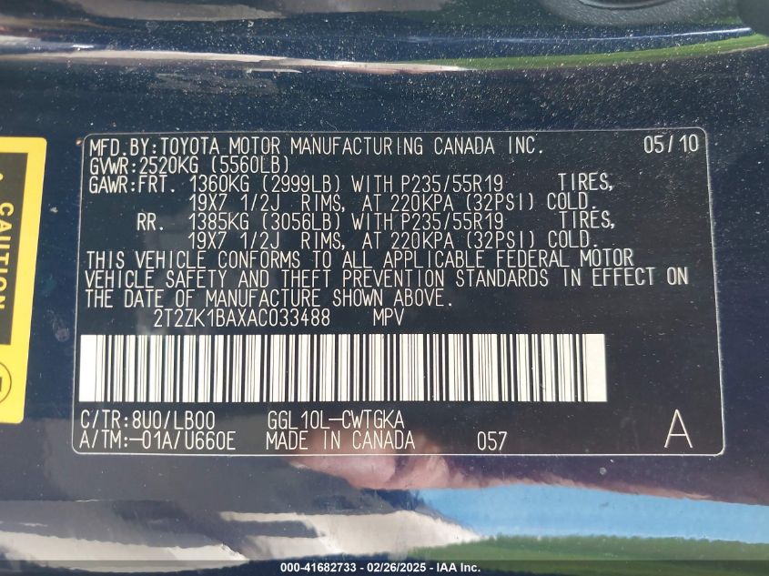 2010 Lexus Rx 350 VIN: 2T2ZK1BAXAC033488 Lot: 41682733