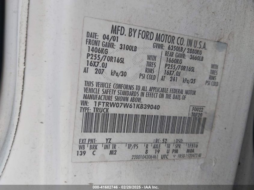 2001 Ford F-150 Harley-Davidson Edition/King Ranch Edition/Lariat/Xlt VIN: 1FTRW07W61KB39040 Lot: 41682746