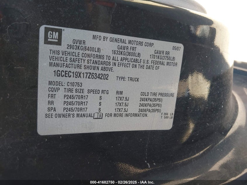 2007 CHEVROLET SILVERADO 1500 VIN: 1GCEC19X17Z634202