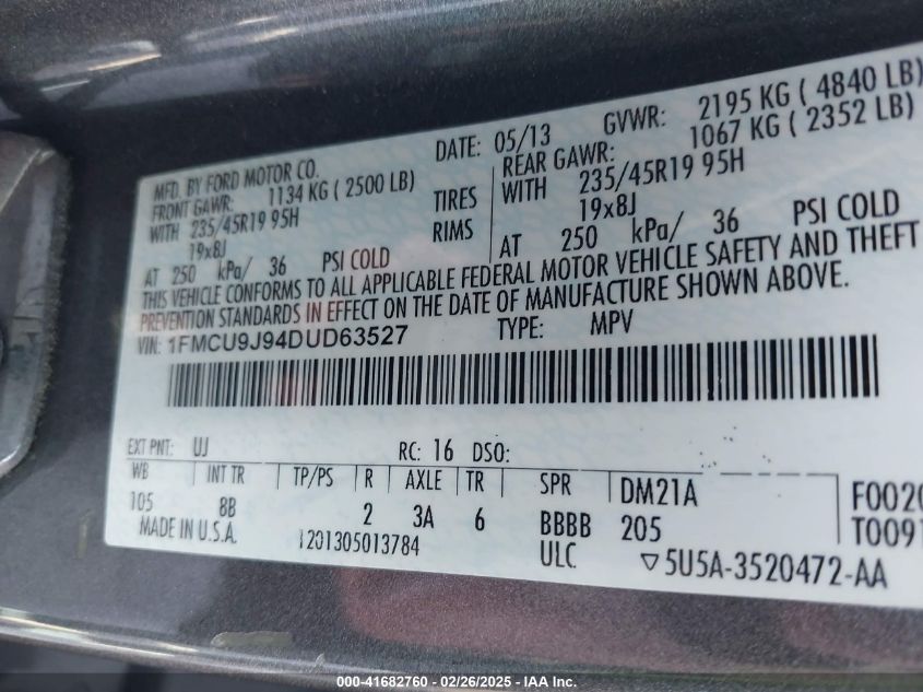 2013 Ford Escape Titanium VIN: 1FMCU9J94DUD63527 Lot: 41682760