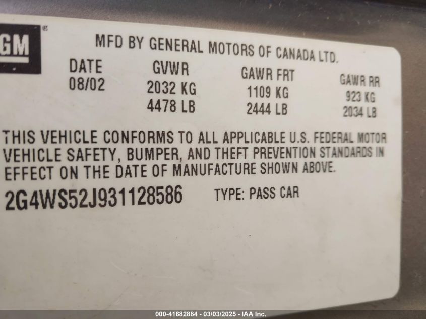 2003 Buick Century Custom VIN: 2G4WS52J931128586 Lot: 41682884
