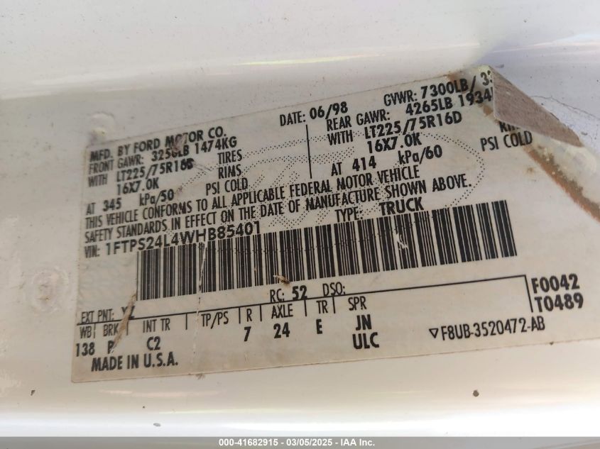 1998 Ford E-250 Commercial/Recreational VIN: 1FTPS24L4WHB85401 Lot: 41682915