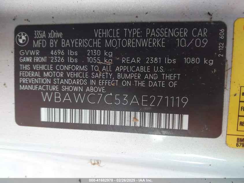 2010 BMW 335I VIN: WBAWC7C53AE271119