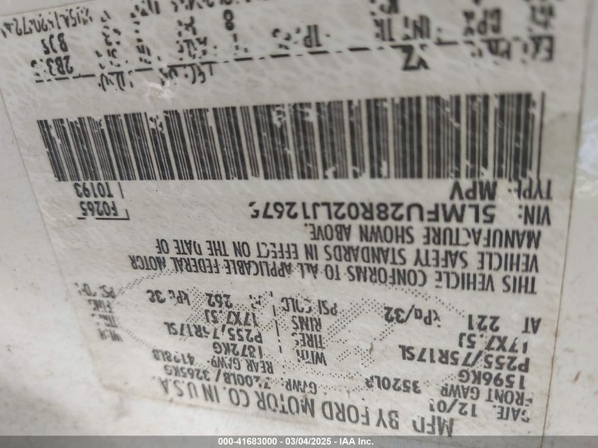 2002 Lincoln Navigator VIN: 5LMFU28R02LJ12675 Lot: 41683000