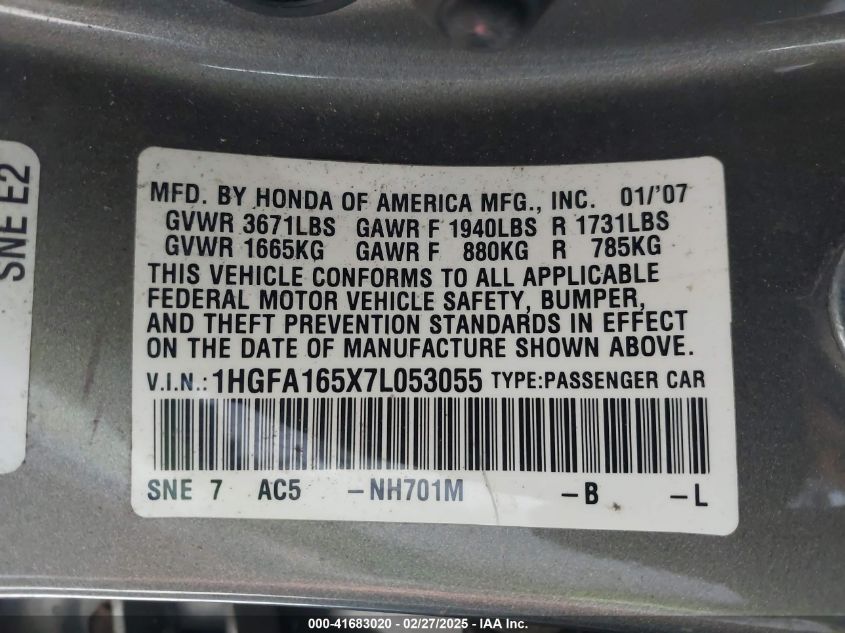 2007 Honda Civic Lx VIN: 1HGFA165X7L053055 Lot: 41683020