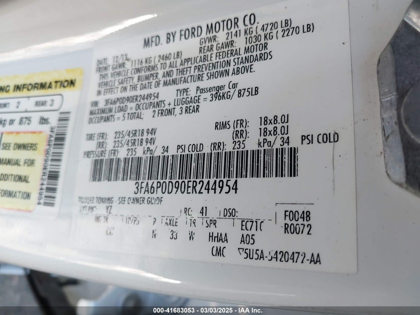 2014 FORD FUSION VIN: 3FA6P0D90ER244954
