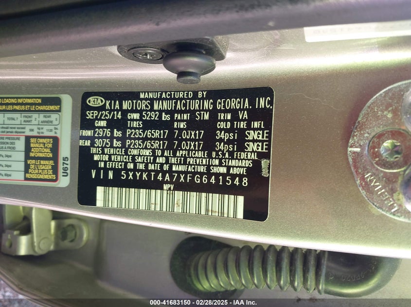 2015 KIA SORENTO VIN: 5XYKT4A7XFG641548