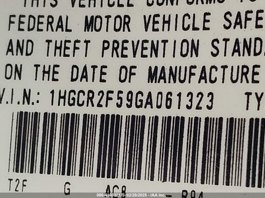 2016 Honda Accord Sport VIN: 1HGCR2F59GA Lot: 41683217