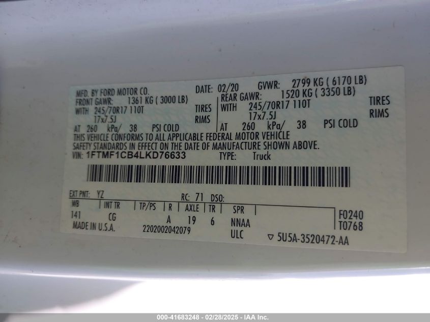 2020 Ford F-150 Xl VIN: 1FTMF1CB4LKD76633 Lot: 41683248