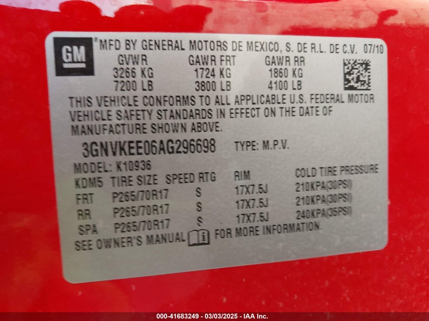 2010 CHEVROLET AVALANCHE 1500 VIN: 3GNVKEE06AG296698