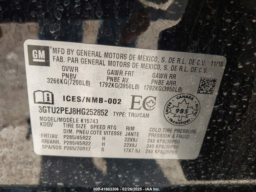 2017 GMC Sierra 1500 Denali VIN: 3GTU2PEJ8HG252852 Lot: 41683306